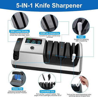 Upgrade 5-in-1 Electric Knife Sharpener, Professional 3-Stage with LCD Screen, 100% Diamond Abrasives, 3 Rotational Speed Adjustable, knife sharpener for Straight, Serrated, Meat Cleaver, Scissors