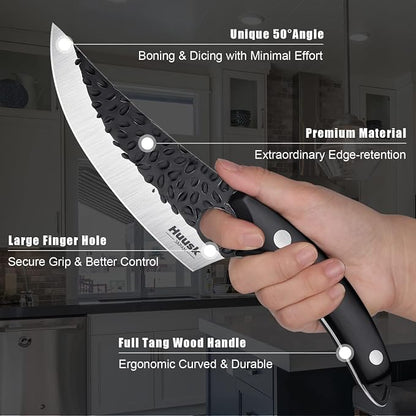 Huusk Knives from Japan - Viking Boning Knife for Meat Cutting with Sheath - Caveman Ultimo Knife for Kitchen or Camping - Hand Forged Full Tang Knives - Christmas Gift for Men and Women