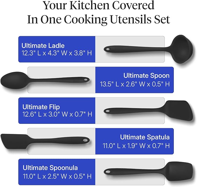 GIR: Get It Right 5-Piece Silicone Ultimate Kitchen Utensils Set - Ladle, Spatula, Flip, Spoon & Spoonula - Non-Toxic Cooking Utensils for Nonstick Cookware, Cooking and Baking - Black