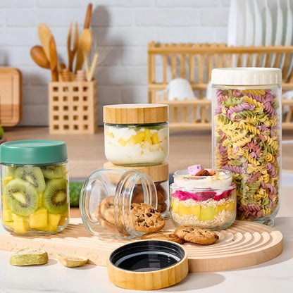 Hoa Kinh 9oz 12Pack Glass Food Storage Jars with Lids, Leak Proof Small Glass Jars for Overnight Oats, Cereal, Empty Jar with Woodgrain Lids for Kitchen