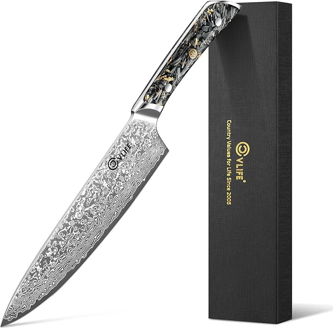 CVLIFE Chef Knife, 8 Inch Damascus Knife with Japanese High Carbon 10Cr15Mov Core, Full Tang Ergonomic Handle for Balance & Control, Razor Sharp Kitchen Knife for Cooking with Sheath & Box