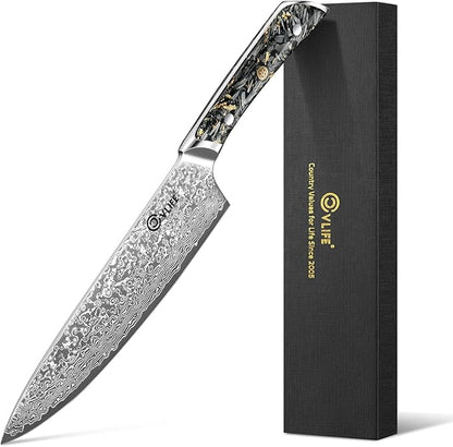 CVLIFE Chef Knife, 8 Inch Damascus Knife with Japanese High Carbon 10Cr15Mov Core, Full Tang Ergonomic Handle for Balance & Control, Razor Sharp Kitchen Knife for Cooking with Sheath & Box