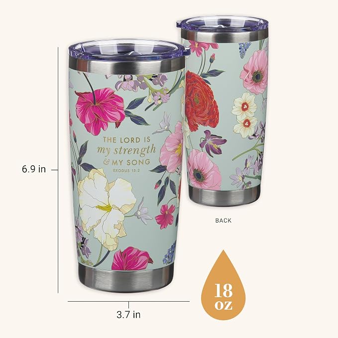 Christian Art Gifts Large Stainless Steel Scripture Travel Mug Tumbler for Women: Lord is My Strength Inspirational Bible Verse, Double Wall Vacuum Insulated w/Lid, Mint Green Multicolor Floral, 18oz.