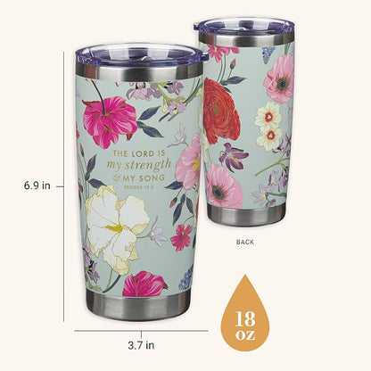 Christian Art Gifts Large Stainless Steel Scripture Travel Mug Tumbler for Women: Lord is My Strength Inspirational Bible Verse, Double Wall Vacuum Insulated w/Lid, Mint Green Multicolor Floral, 18oz.