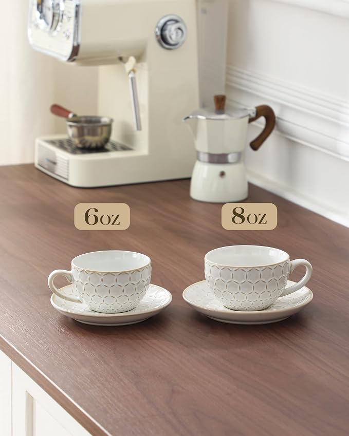 MALACASA 6 OZ Cappuccino Cups with Saucers Set of 4 - Ceramic Stackable Tea Cups and Saucers, Embossment Coffee Mugs for Tea, Latte and Mocha, Dishwasher Safe, Arctic white, LYDIA Series