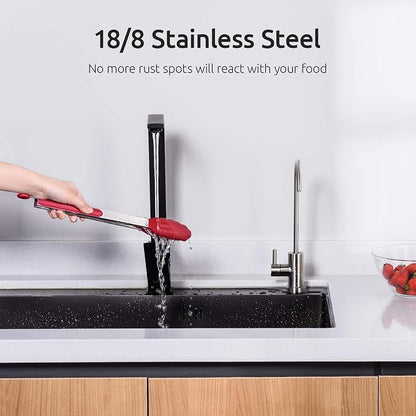 Kitchen Tongs, U-Taste 7/9/12 inches Cooking Tongs, with 600ºF High Heat-Resistant Non-Stick Silicone Tips, 18/8 Stainless Steel Handle, for Food Grill, Salad, BBQ, Frying, Serving, Pack of 3(Red)