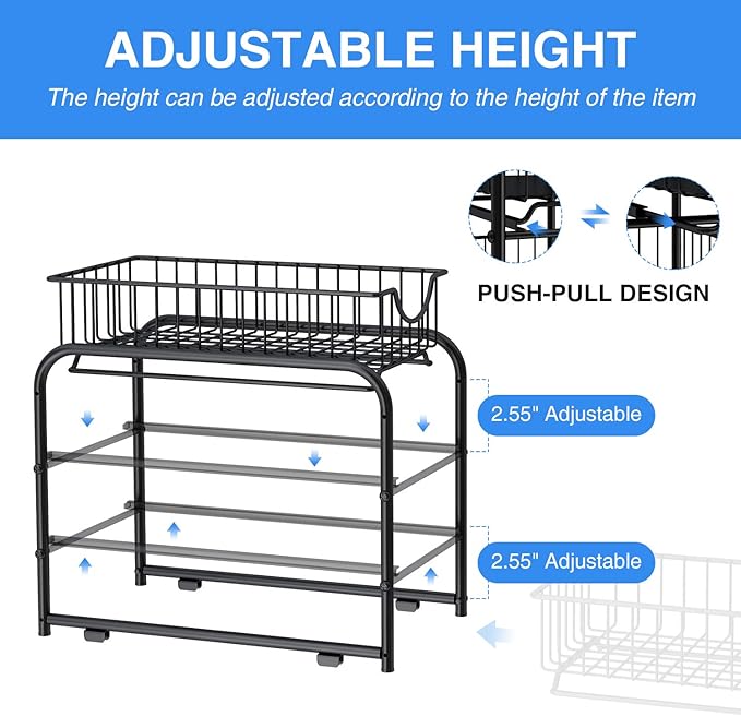 Pull-out Cabinet Organizer, Stackable 2-tier Under Sink Rack, with Sliding Storage Drawer for Pantry, and Desktop, for Bathroom, Kitchen, Office, Black