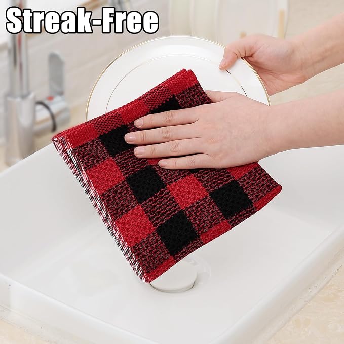 Homaxy Kitchen Towels and Dishcloths Set, 12" x 12" and 13" x 28", Set of 8 Bulk Cotton Waffle Weave Dish Towels, Super Soft Absorbent Hand Towels for Kitchen, Red & Black