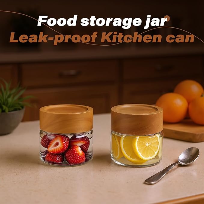 6-Pack 4 fl oz Stackable Airtight Glass Jars (with Acacia Wood Lids + Sticker Labels) – Small Mason Jars designed for overnight oats, spices, dry goods, and kitchen organization.