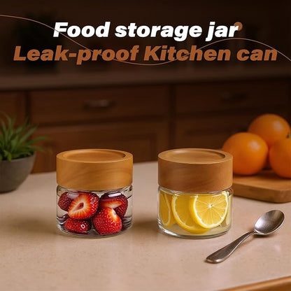6-Pack 4 fl oz Stackable Airtight Glass Jars (with Acacia Wood Lids + Sticker Labels) – Small Mason Jars designed for overnight oats, spices, dry goods, and kitchen organization.