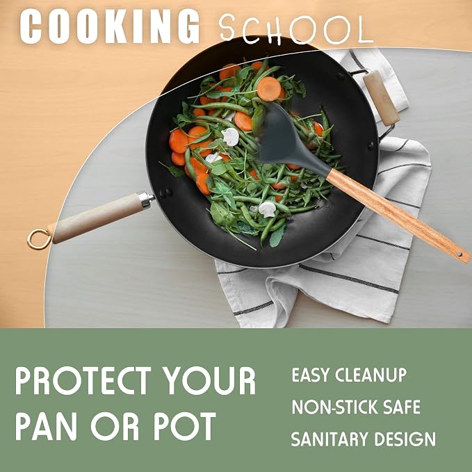 Patelai 2 Pcs Silicone Nonstick Cooking Spoon 12.4" Large Wooden Handle Mixing Spoon Heat Resistant Utensil Spoons for Kitchen Baking, Mixing, Serving and Stirring(Red, Gray)