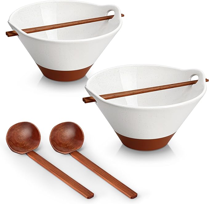 MALACASA Ceramic Ramen Bowl Set – 42 oz, with Wooden Spoon & Chopsticks, Microwave & Oven Safe, Japanese Style Soup Bowls for Ramen, Pho, Noodles – Set of 2, White & Khaki – TARA Series