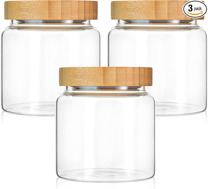 3 Pack 480 ml / 16 oz clear cute glass storage canister holder with airtight bamboo lid, modern decorative small container jar for coffee, spice, candy, salt, cookie, condiment, pepper, sugar