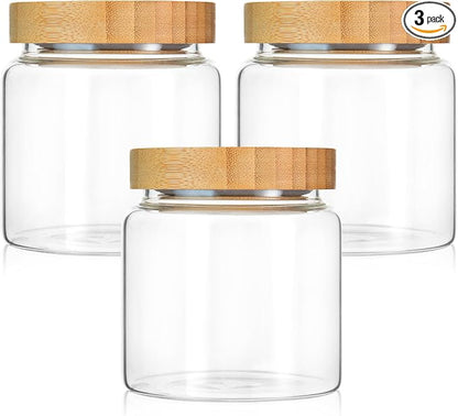 3 Pack 480 ml / 16 oz clear cute glass storage canister holder with airtight bamboo lid, modern decorative small container jar for coffee, spice, candy, salt, cookie, condiment, pepper, sugar