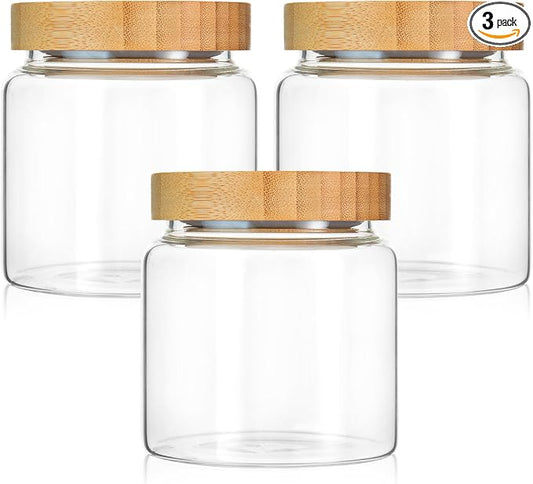 3 Pack 480 ml / 16 oz clear cute glass storage canister holder with airtight bamboo lid, modern decorative small container jar for coffee, spice, candy, salt, cookie, condiment, pepper, sugar