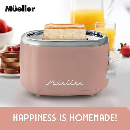 MUELLER HOME Retro Toaster 2 Slice, 7 Browning Levels, 3 Functions (Reheat, Defrost, Cancel), Stainless Steel Features, Removable Crumb Tray, Under Base Cord Storage, Pink Kitchen Accessories Décor
