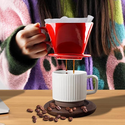 hailanbao Handmade Pour Over Ceramic Coffee Dripper - Authentic Brewing Experience for Camping, Office, and Home (Red)