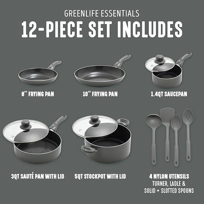 GreenLife Essentials 12 Piece Cookware Set, PFAS-Free Ceramic Nonstick Pots & Pans, Induction Ready for All Cooktops, Kitchen Cooking & Serving Utensils, Dishwasher Safe, Charcoal Gray