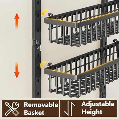 POKIPO 9 Tier Over The Door Pantry Organizer, 2 in 1 Wall Mount or Hanging Spice Rack with Adjustable Deep Basket, Heavy-Duty Seasoning Organizer and Storage for Kitchen Cabinet Closet Bathroom