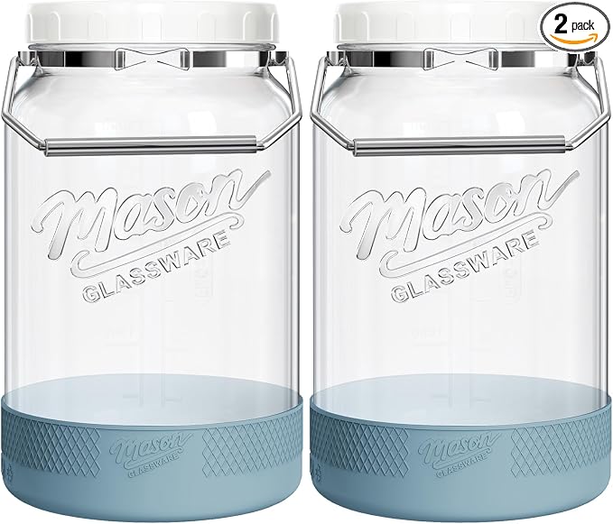 1 Gallon Glass Jar With Lid – 2 Pack Large Wide Mouth Mason Jars with BPA-free Airtight Lid, Sun Tea Jar - Fermenting & Pickling, Food Storage Canisters with Handle & Non-slip Base for Flour