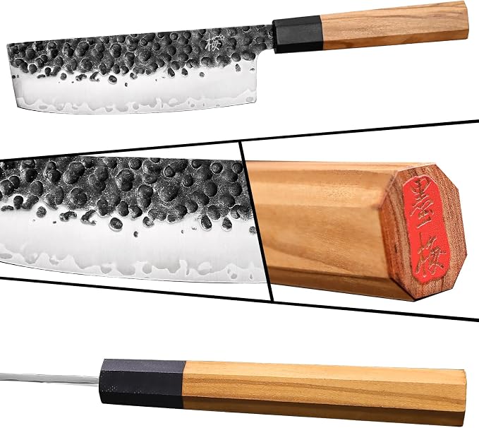 Nakiri Knife 6.7 Inch, Japanese Hand Forged High Carbon Steel Vegetable Cleaver Kitchen Knife with Natural Olive Wood Octagonal Handle, Professional Chopping Knife for Vegetables & Gift Box