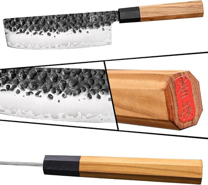 Nakiri Knife 6.7 Inch, Japanese Hand Forged High Carbon Steel Vegetable Cleaver Kitchen Knife with Natural Olive Wood Octagonal Handle, Professional Chopping Knife for Vegetables & Gift Box