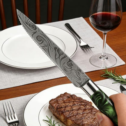 6-Piece Premium Japanese Kitchen Knife Set - Imperial Collection, Laser Damascus Pattern, 440A Stainless Steel Ultra Sharp for Fast Cutting (Green Steak Knife)