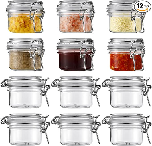 Suclain 12 Pack 4oz/120ml Pet Plastic Storage Jars with Lids Bulk, Clear Wide Mouth Canning Jar with Airtight Lid Empty Sealed Canisters Food Storage Container for Spices Herbs Jam Sauces Weeds Coffee
