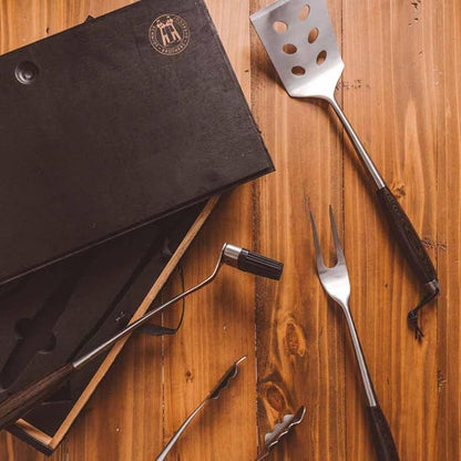 Schmidt Brothers - BBQ Ash 4 Piece Grill Set, Full-Forged Stainless Steel Grilling Utensils Including Spatula, Fork, Basting Brush, and Tongs with All Wood Handles