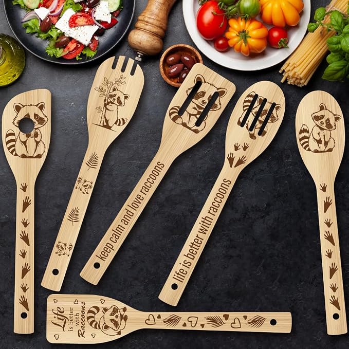 6Pcs 6 Styles Animal Cooking Spoon for Kitchen 11.8 x 2.4 Inch Bamboo Cooking Utensils Durable Wood Raccoon Kitchen Spoon Set for Housewarming Wedding Birthday Gift Farmhouse Home Decor