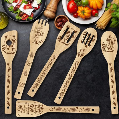 6Pcs 6 Styles Animal Cooking Spoon for Kitchen 11.8 x 2.4 Inch Bamboo Cooking Utensils Durable Wood Raccoon Kitchen Spoon Set for Housewarming Wedding Birthday Gift Farmhouse Home Decor