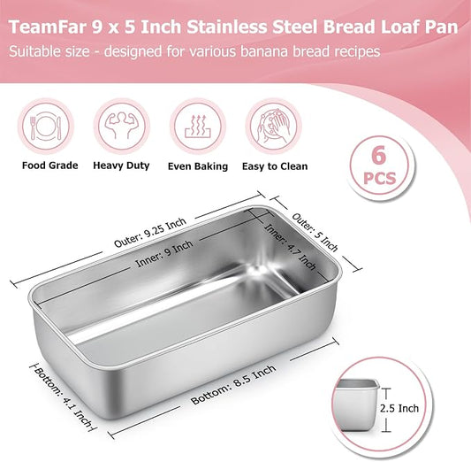 TeamFar Loaf Pans for Baking, 9 × 5 Inch Stainless Steel Loaf Bread Pans Tins for Homemade Bread/Brownies, Healthy & Sturdy, Oven & Dishwasher Safe - Set of 6