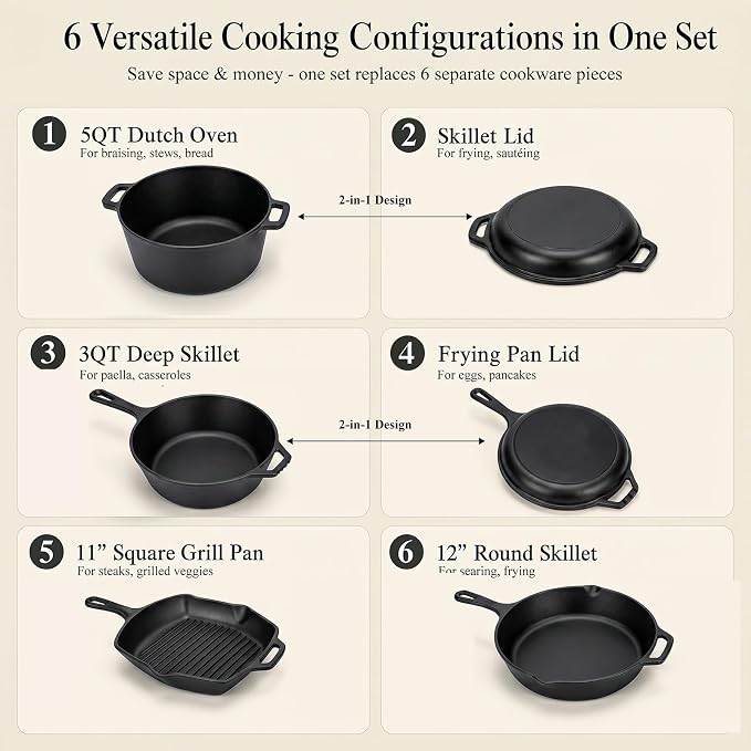 QuliMetal 6 Piece Cast Iron Cookware Set with Dutch Oven | Includes 11 in grill pan, 12 in skillet, 5QT Dutch oven, 3.2QT Dutch oven and 1.6QT skillet lid for home cooking.