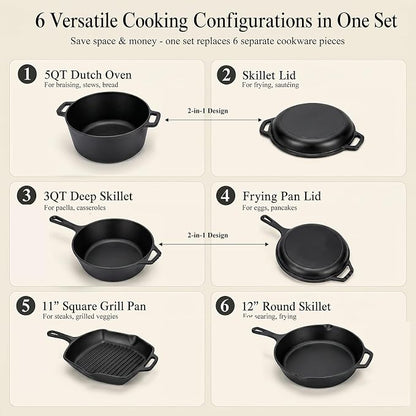QuliMetal 6 Piece Cast Iron Cookware Set with Dutch Oven | Includes 11 in grill pan, 12 in skillet, 5QT Dutch oven, 3.2QT Dutch oven and 1.6QT skillet lid for home cooking.