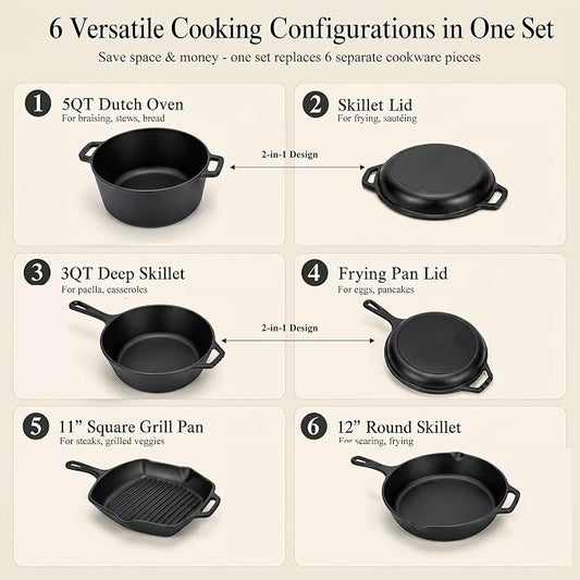 QuliMetal 6 Piece Cast Iron Cookware Set with Dutch Oven | Includes 11 in grill pan, 12 in skillet, 5QT Dutch oven, 3.2QT Dutch oven and 1.6QT skillet lid for home cooking.