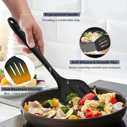 TeamFar Silicone Cooking Utensils, 10 pcs Kitchen Cooking Utensils Set, 446°F Heat Resistant Kitchen Gadgets Tools Set w/Spatula, Turners, Spoons, Soup Ladle, Pasta Server for Nonstick Cookware, Black