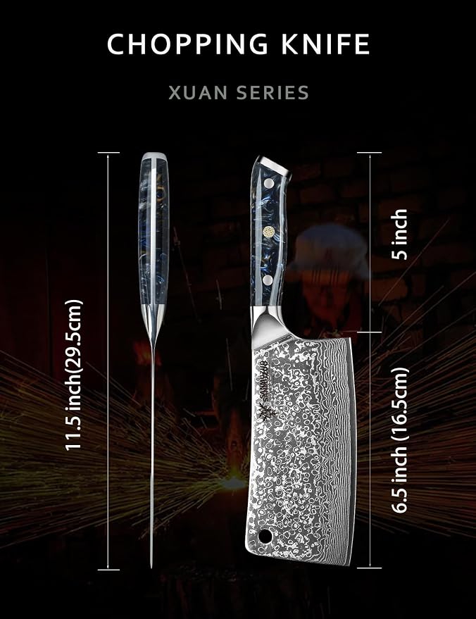 Chopping Knife - 7 inch Cleaver Knife- Xuan Series - VG10 Damascus Steel Kitchen Knife - Resin Handle (Starry Black)
