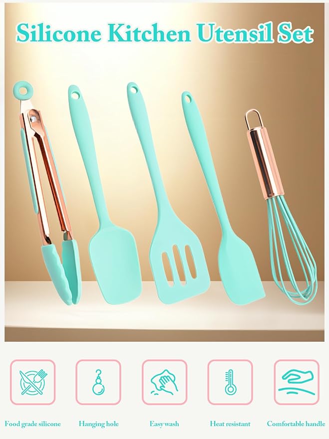 Kitchen Utensil Set,5 Pcs Mini Silicone Cooking Utensils Sets,Heat Resistant Non Stick Kitchens Gadgets BPA-Free Spatula Set,Kids Kitchen Tools Kitchen Set for Cooking