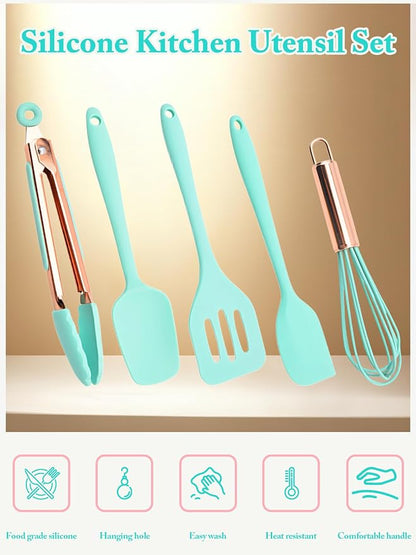 Kitchen Utensil Set,5 Pcs Mini Silicone Cooking Utensils Sets,Heat Resistant Non Stick Kitchens Gadgets BPA-Free Spatula Set,Kids Kitchen Tools Kitchen Set for Cooking