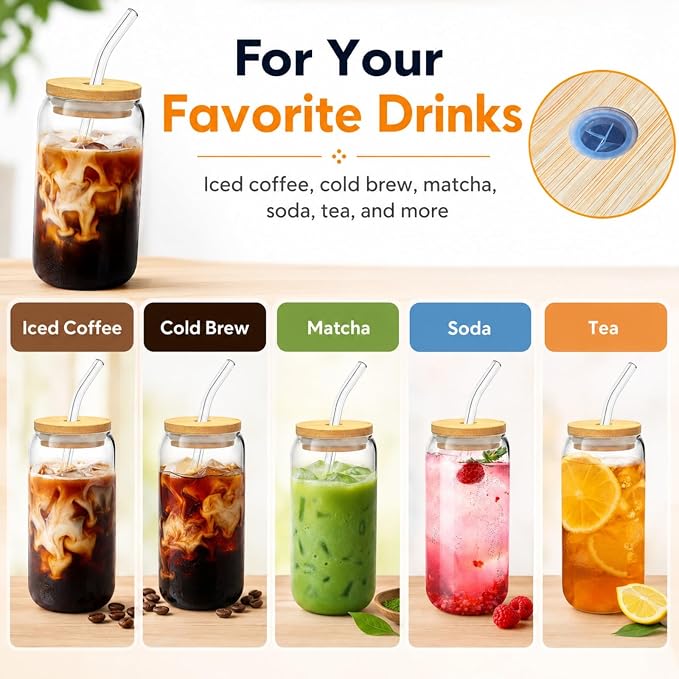 Glass Cups with Lids and Straws Set of 8, 16 oz Can Glasses with Bamboo Lids and Glass Straws, Iced Coffee Cups for Coffee Bar, Cold Brew, Matcha, Soda and Daily Drinks