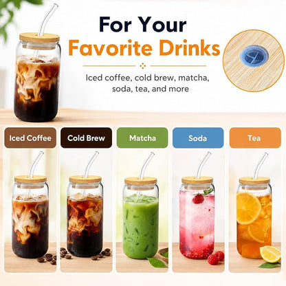 Glass Cups with Lids and Straws Set of 8, 16 oz Can Glasses with Bamboo Lids and Glass Straws, Iced Coffee Cups for Coffee Bar, Cold Brew, Matcha, Soda and Daily Drinks