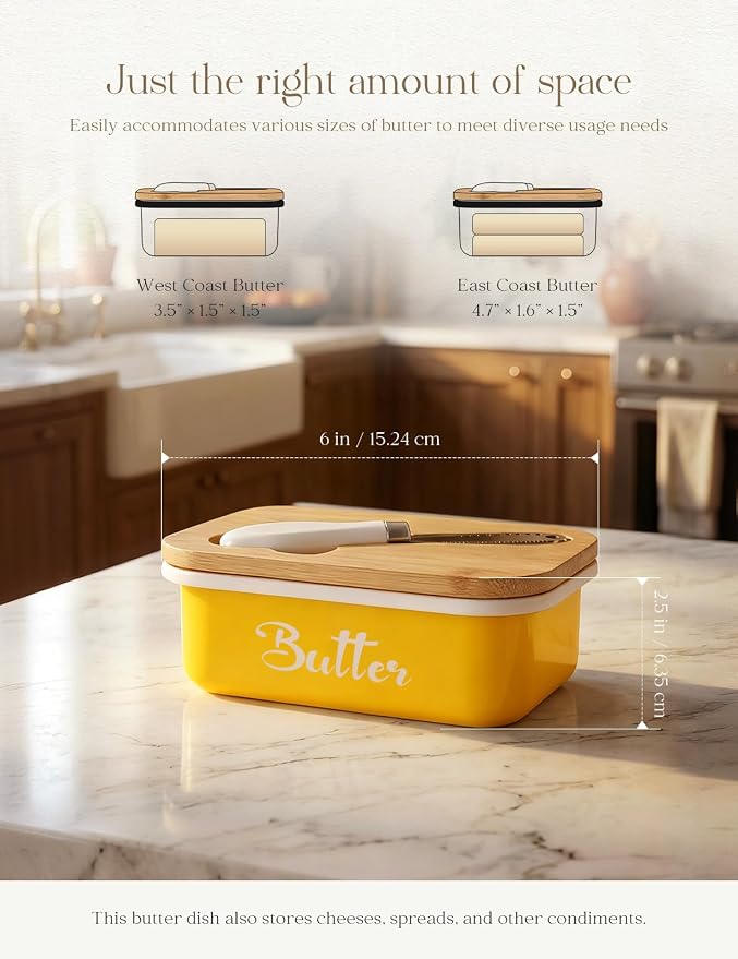 Butter Dish, Butter Dish with Lid for Countertop,Metal Butter Keeper with Stainless Steel Multipurpose Butter Knife, Large Butter Container with quality Silicone Good Kitchen Gift,Yellow