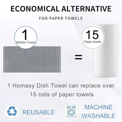 Homaxy 100% Cotton Terry Kitchen Towels(Grey, 13 x 28 inches), Checkered Designed, Soft and Super Absorbent Dish Towels, 6 Pack