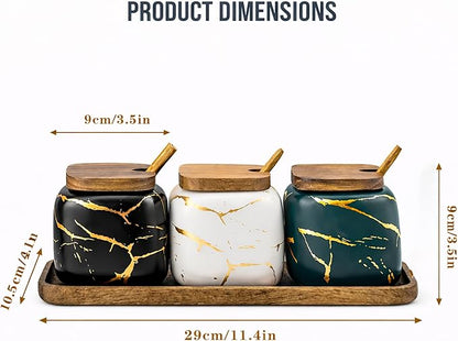 3 Pcs Sugar Bowls Ceramic Coffee Jar Set Ceramic Seasoning Jar with Lid Spoon and Tray/Food Storage Canister (Color Mixing)