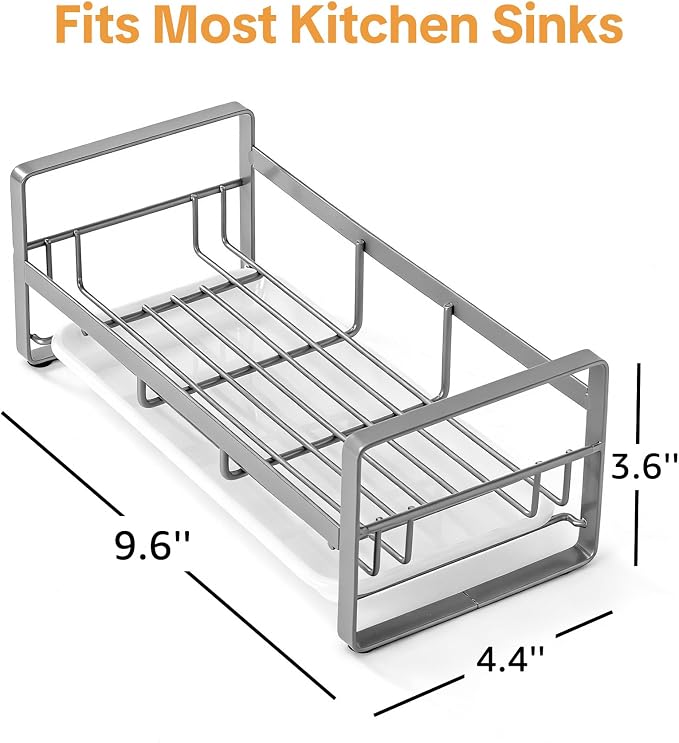 HULISEN Large Sponge Holder, 304 Stainless Steel Kitchen Soap Dispenser Caddy Organizer, Countertop Soap Dish Rack Drainer with Removable Drain Tray, not Including Dispenser and Brush, Grey