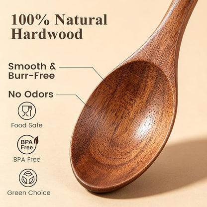 HAKSEN Wooden Spoons for Eating, 8.2 Inch Wood Mixing Soup Spoon with Long Handle for Korean Food Daily Meal Stirring Sauce Coffee, 6PCS