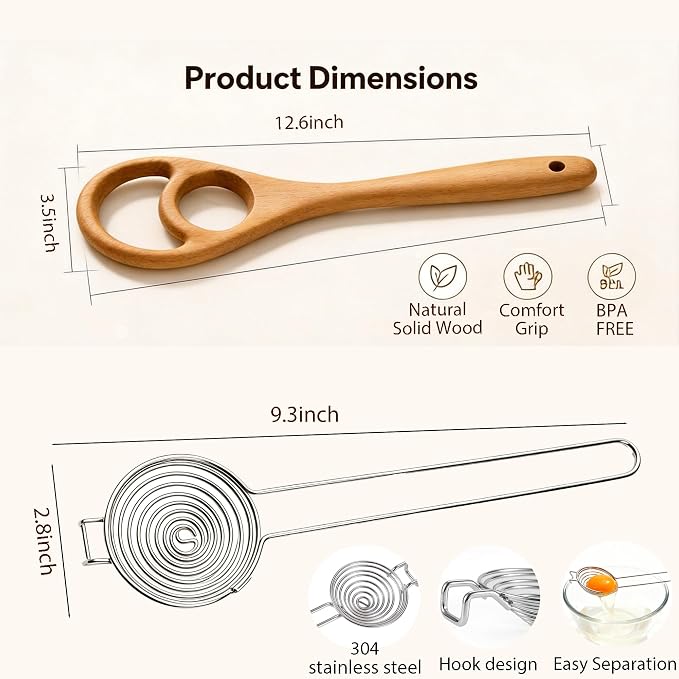 Wooden Danish Dough Whisk Set, 12.6” Seamless Dough Whisk for Sourdough Bread, Wood Mixing Tools for Non-Stick Cookware, Dutch French Whisks for Cooking, Mixing Batter, Crème, Sauce & Egg