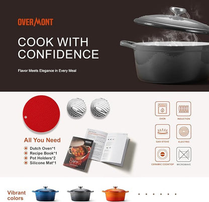 Overmont Enameled Cast Iron Dutch Oven - 5.5QT Pot with Wide Handles Lid Cookbook & Cotton Potholders - Heavy-Duty Pre-Seasoned Cookware Oven Safe to 500°F for Braising, Stews, Roasting, Sourdough Baking Grey