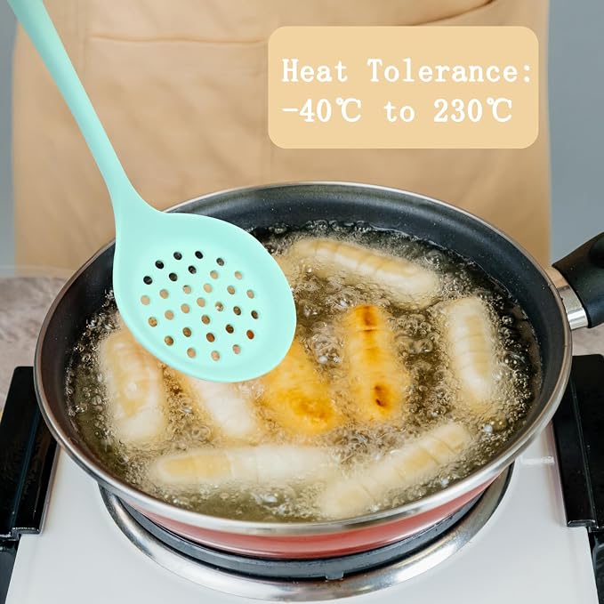 Hordion 1 Pcs Silicone Slotted Spoon, Green Strainer Spoon Non Stick Silicone Skimmer Heat Resistant Cooking Spoon