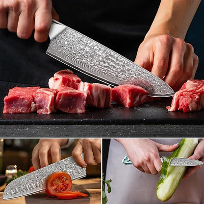 KEENZO 3PCS Kitchen Knife Set,Professional kitchen knives with 8" Chef knife,7" Santoku knife,5" Utility Knife,Japanese Hand Forged Damascus Steel Cooking knife set,Ergonomic Abalone Shell Handle